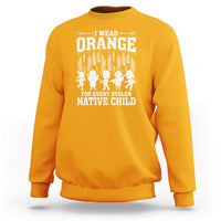 Gold crewneck sweatshirt with white slogan graphic on the front