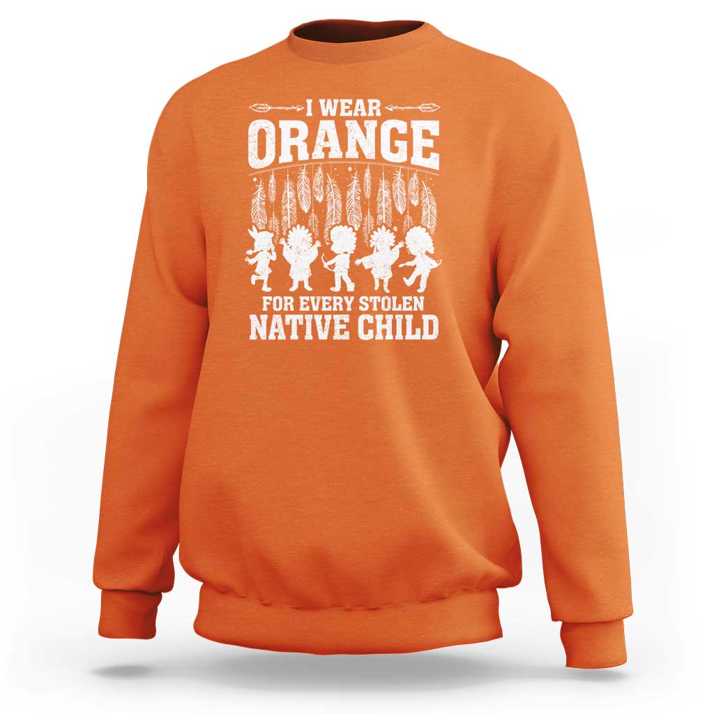 Orange crewneck sweatshirt with white slogan graphic on the front