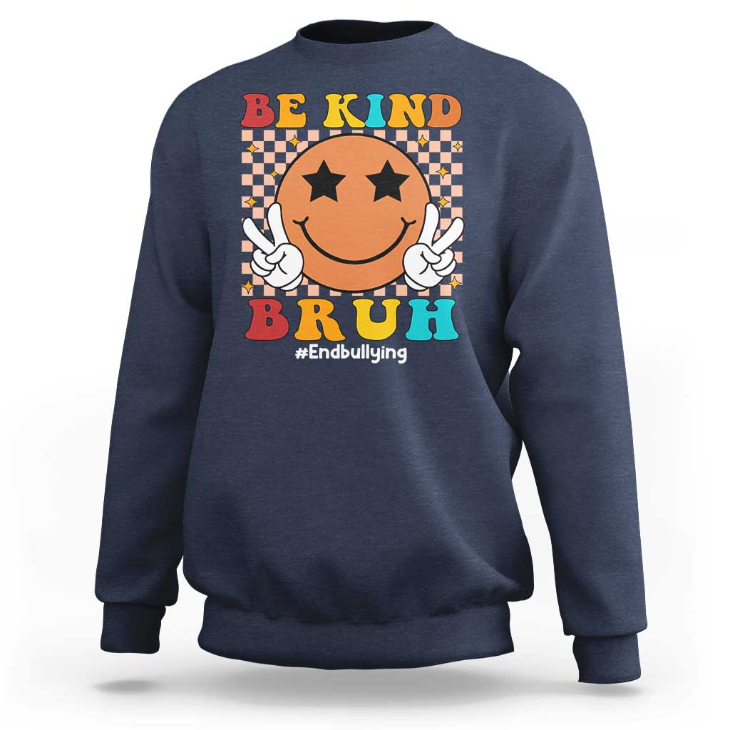 Navy crewneck sweatshirt with smiley anti-bullying graphic and "Be Kind" front text