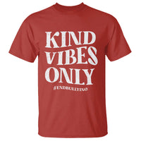 Red t-shirt with 'KIND VIBES ONLY' slogan and #END BULLYING graphic