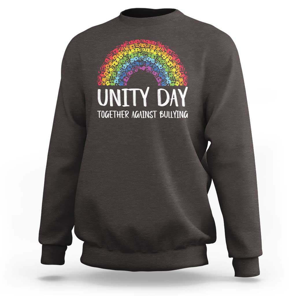 Charcoal crewneck sweatshirt with rainbow arch graphic and “UNITY DAY” front text