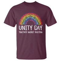 Unity Day T-shirt (maroon) with rainbow arch and UNITY DAY anti-bullying text