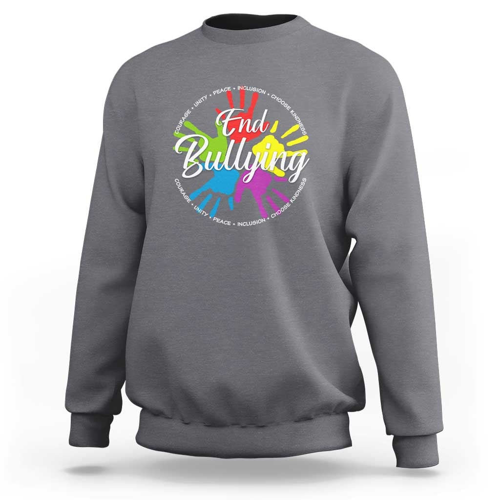 Charcoal gray crewneck sweatshirt with "End Bullying" rainbow hands graphic on chest