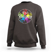 Dark chocolate brown crewneck sweatshirt with "End Bullying" rainbow hands graphic on chest