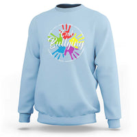 Light blue crewneck sweatshirt with "End Bullying" rainbow hands graphic on chest