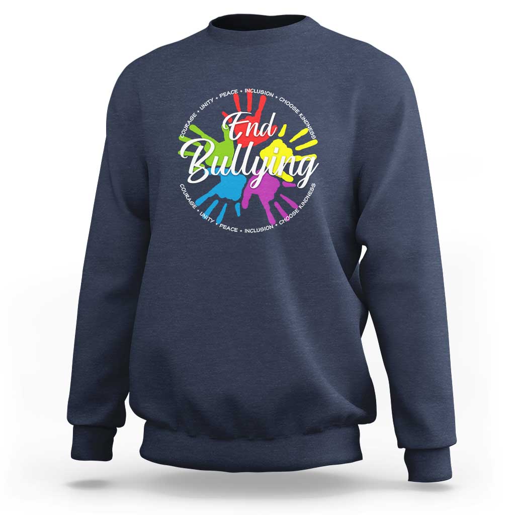 Navy crewneck sweatshirt with "End Bullying" rainbow hands graphic on chest