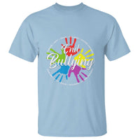 Light blue anti-bullying t-shirt with “End Bullying” rainbow unity graphic