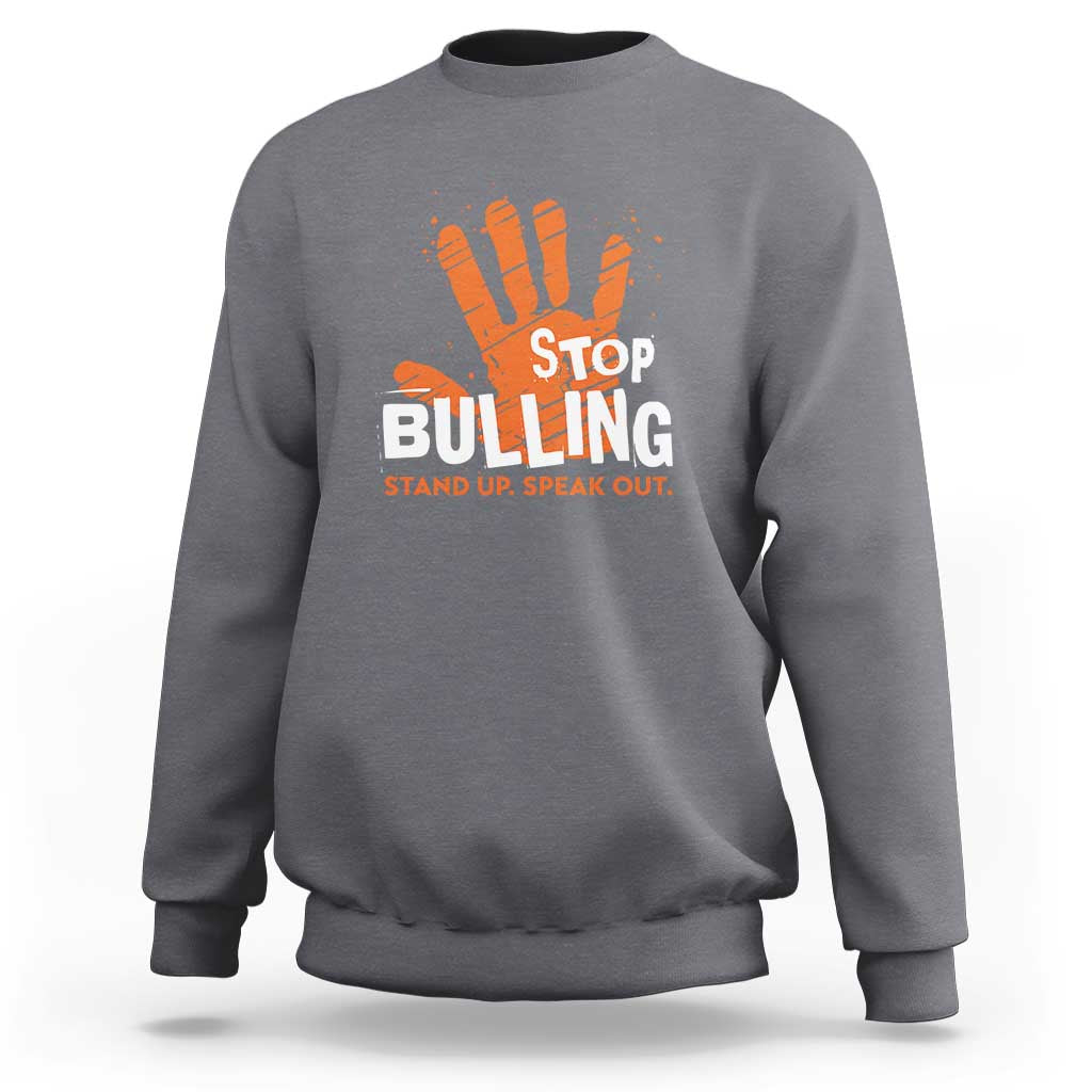 Gray sweatshirt with front STOP BULLYING graphic and orange hand illustration