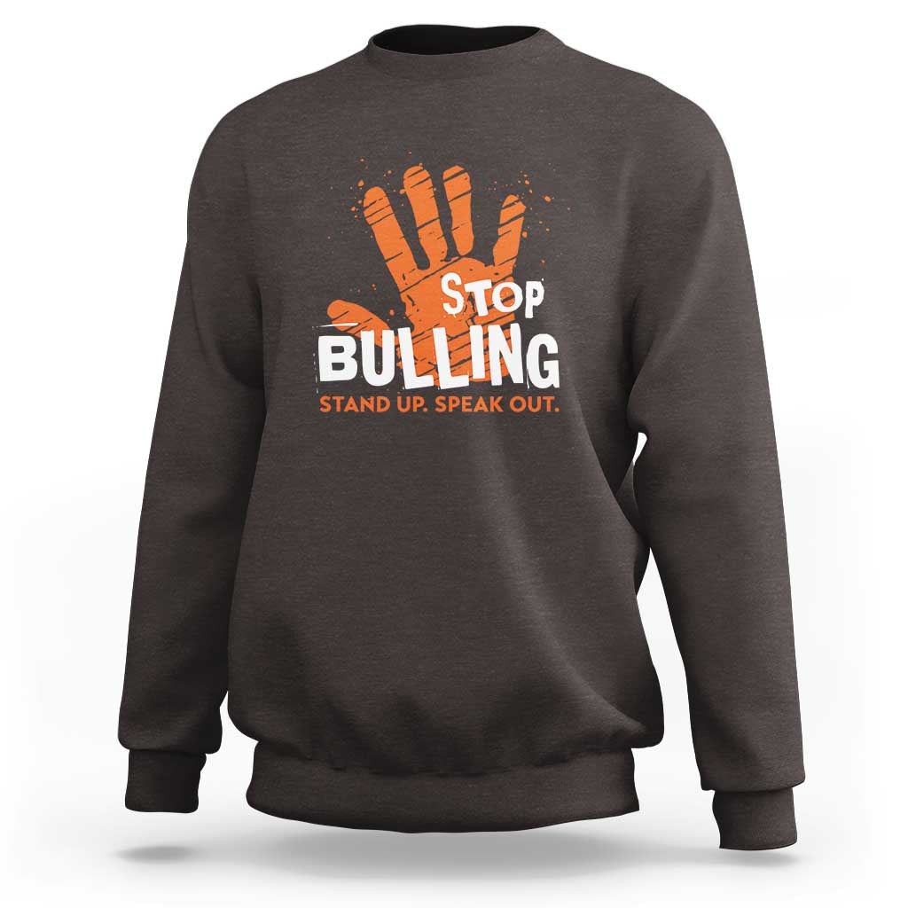 Charcoal gray sweatshirt with front STOP BULLYING graphic and orange hand illustration
