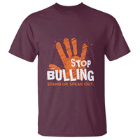 Maroon T-shirt with orange handprint graphic and Stop Bullying text front