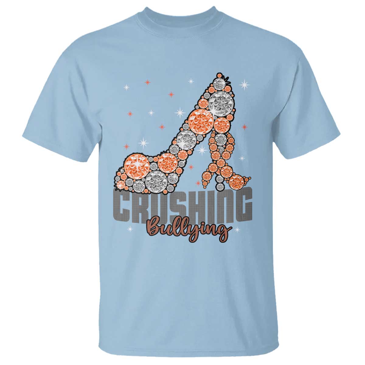 Light blue crewneck T-shirt with “Crush” and “Bullying” bear graphic front