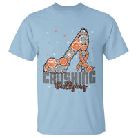Light blue crewneck T-shirt with “Crush” and “Bullying” bear graphic front
