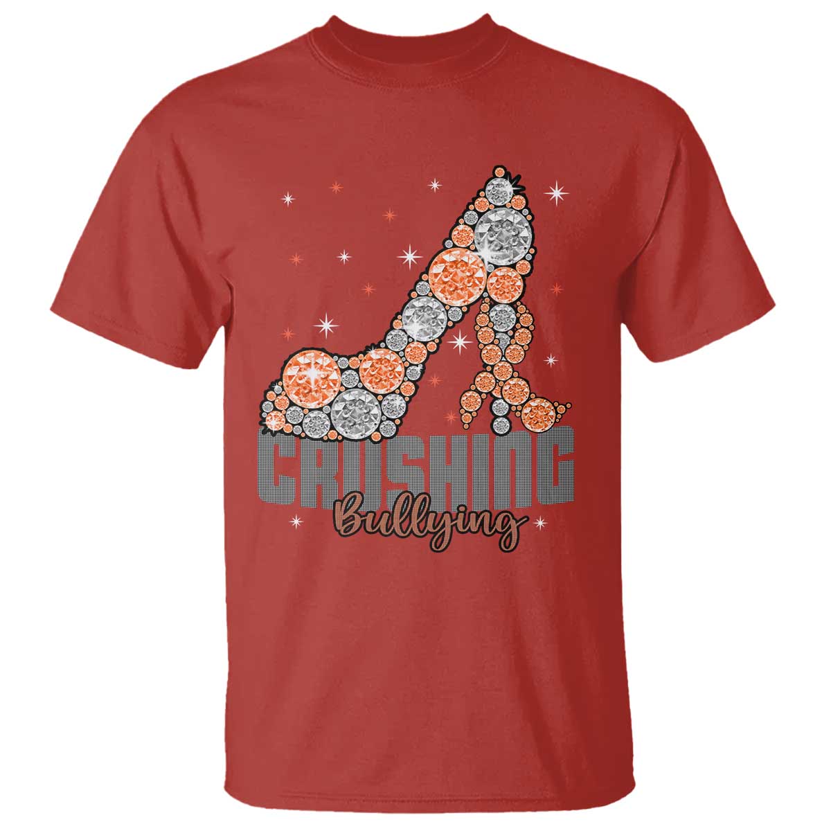 Red crewneck T-shirt with “Crush” and “Bullying” bear graphic front