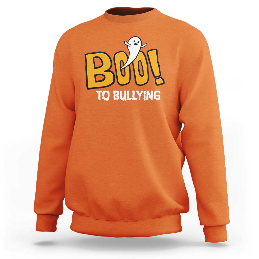 Orange crewneck sweatshirt with "Boo! to Bullying" ghost graphic