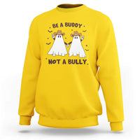 Yellow crewneck sweatshirt with “Be a Buddy Not a Bully” cowboy ghost graphic