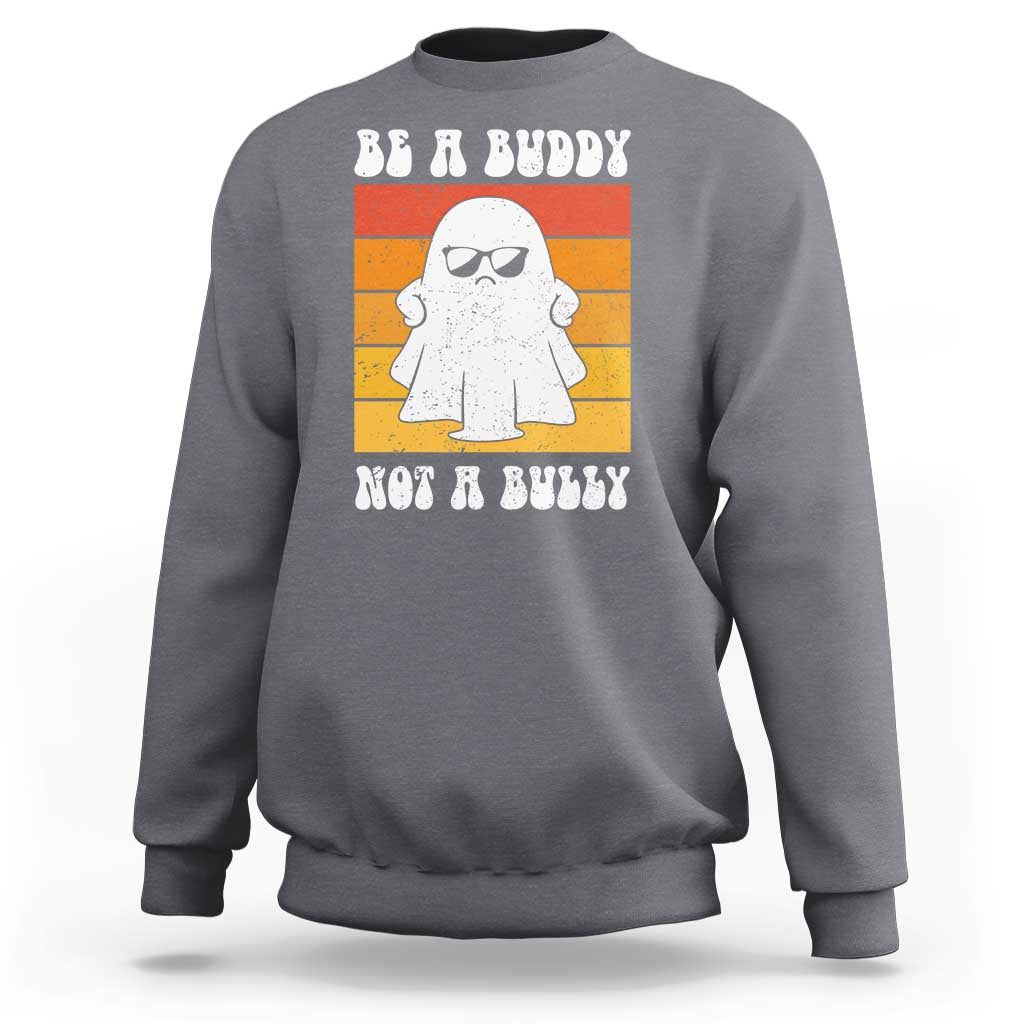 Anti-bullying sweatshirt in heather gray with ghost graphic and “Be A Buddy Not A Bully” lettering