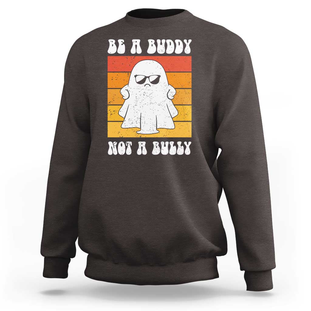 Anti-bullying sweatshirt in dark chocolate with ghost graphic and “Be A Buddy Not A Bully” text