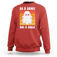 Anti-bullying sweatshirt in red with white ghost graphic and “Be A Buddy Not A Bully” print