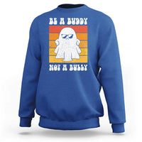 Anti-bullying sweatshirt in royal blue with white ghost graphic and “Be A Buddy Not A Bully” text