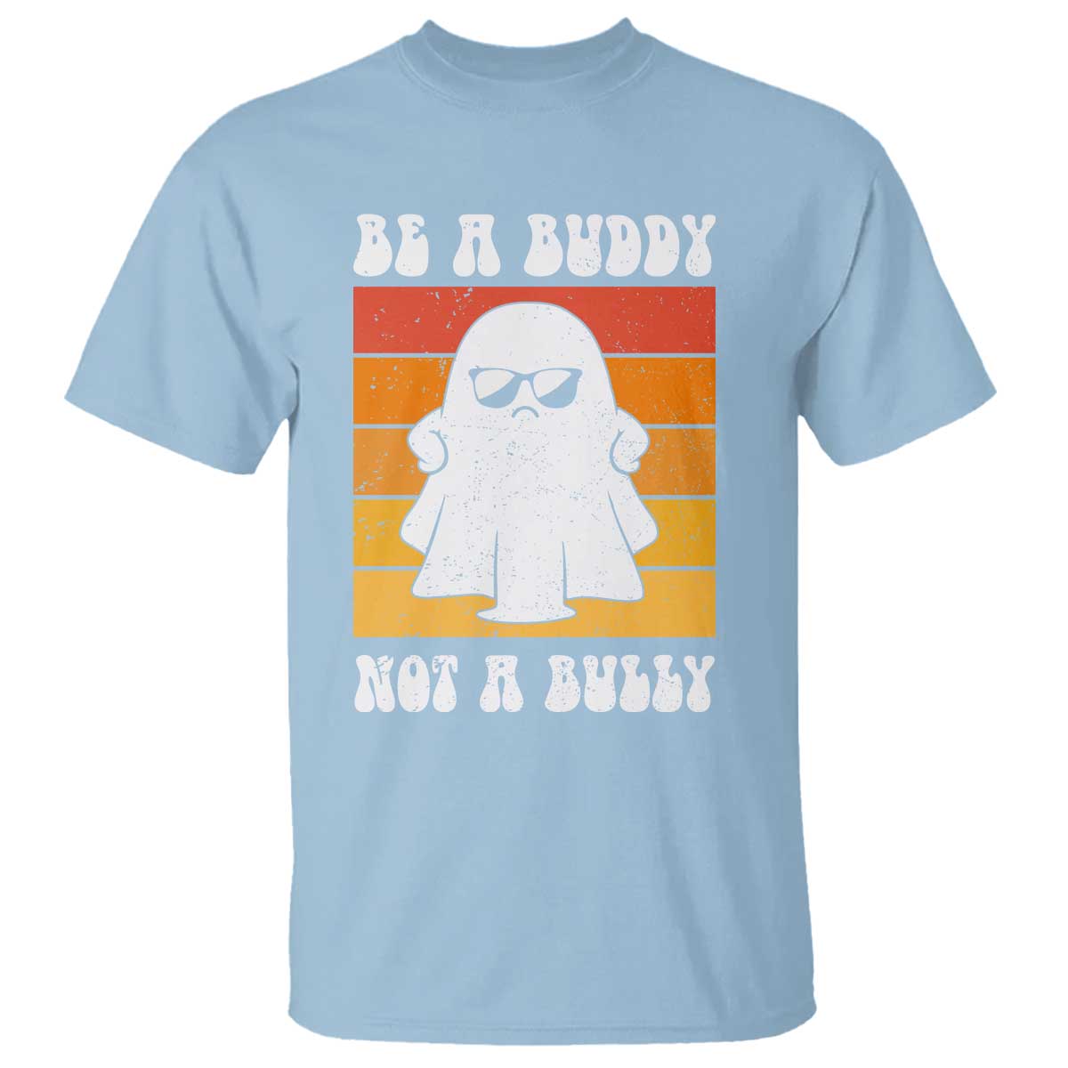 Anti-bullying T-shirt in light blue with ghost sunglasses and 'Be a Buddy' front graphic