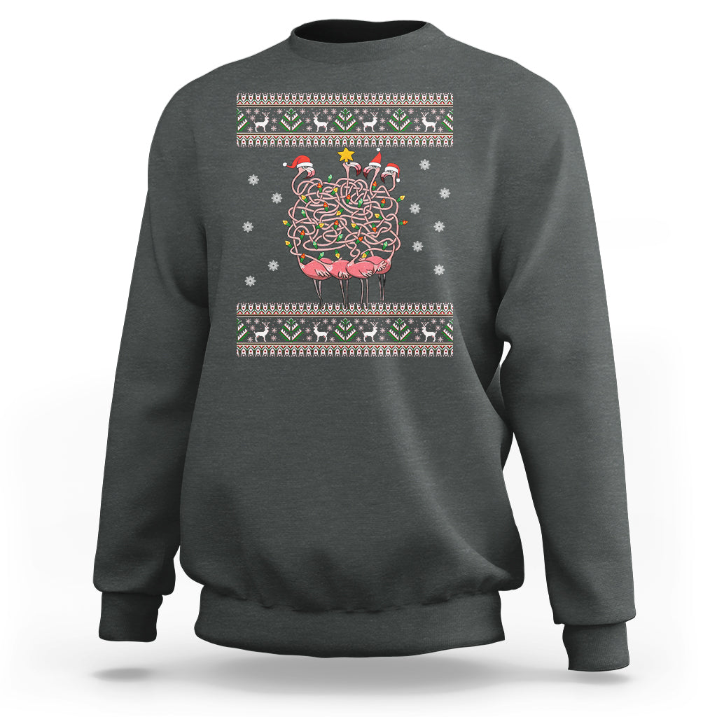 Dark heather crewneck sweatshirt with colorful tangled flamingo family Christmas light graphic