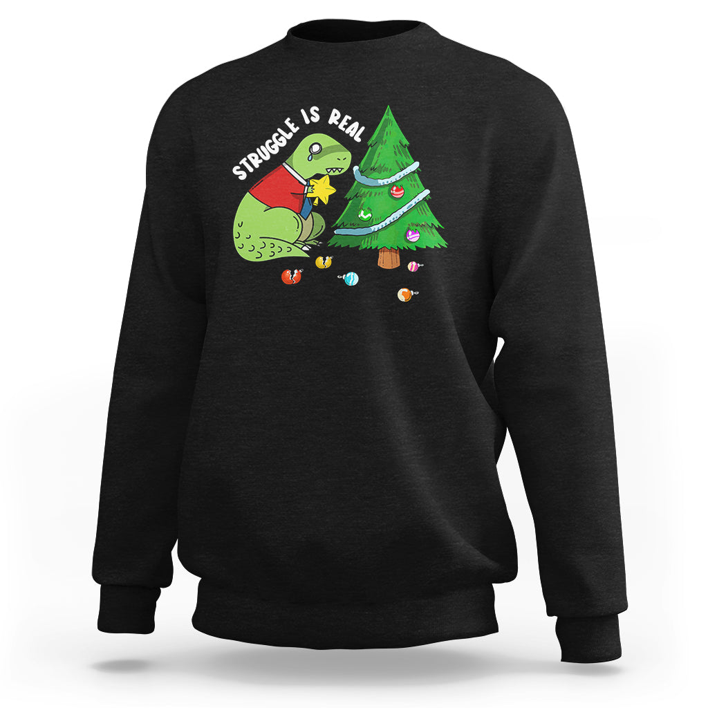Black Christmas sweatshirt with T-Rex and tree graphic, crewneck long sleeves