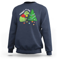 Navy Christmas sweatshirt with T-Rex and tree graphic, crewneck long sleeves