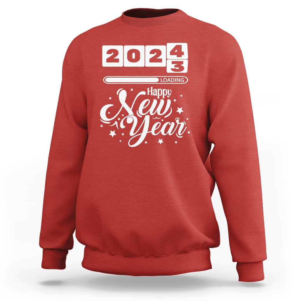Red crewneck sweatshirt with 2024 and Happy New Year graphic on front
