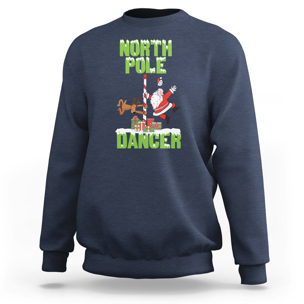 Navy Christmas sweatshirt with “NORTH POLE DANCER” graphic Santa and reindeer