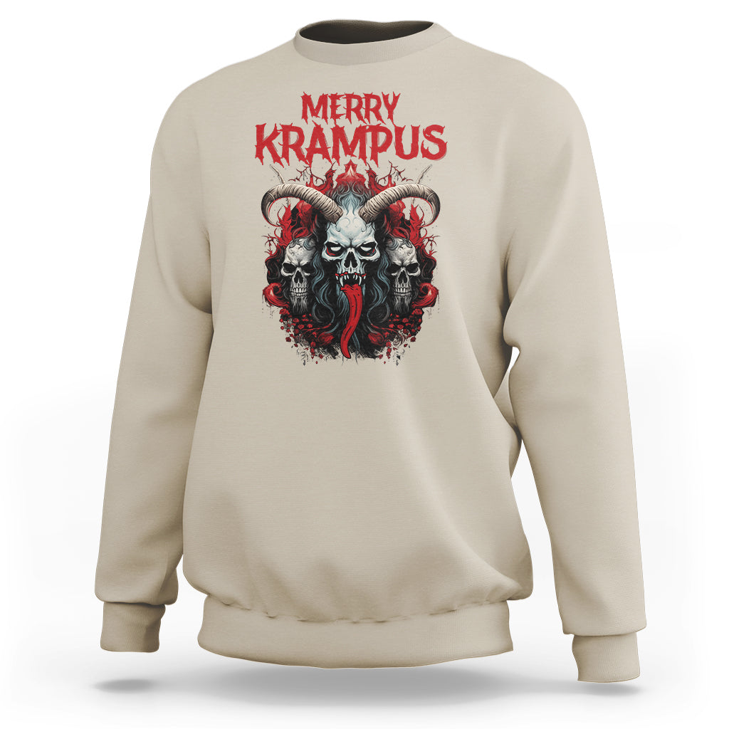 Sand beige horror Christmas sweatshirt with 'Merry Krampus' graphic on chest.