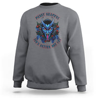 Charcoal gray crewneck sweatshirt with colorful Krampus face graphic on front.
