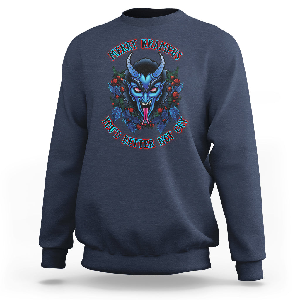 Navy crewneck sweatshirt with colorful Krampus face graphic on front.