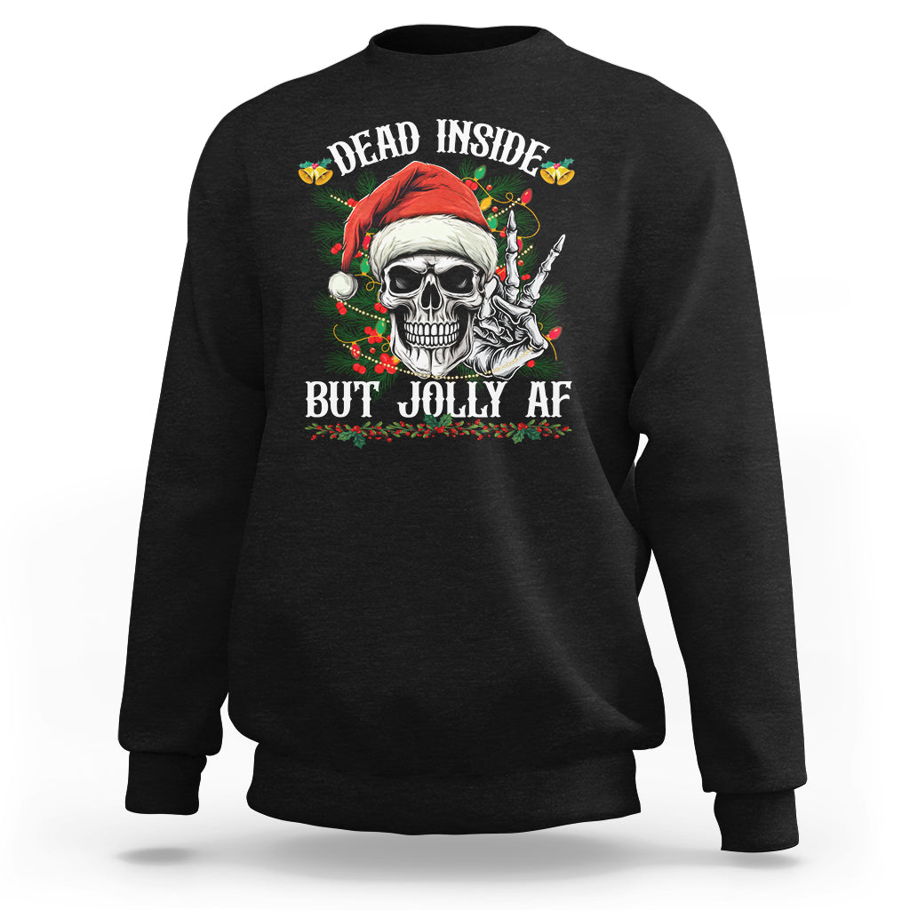 Black crewneck sweatshirt with skull Santa graphic and "Dead Inside But Jolly AF" text.