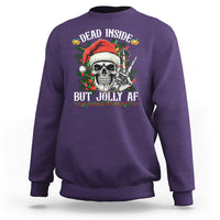 Purple crewneck sweatshirt with skull Santa graphic and "Dead Inside But Jolly AF" text.