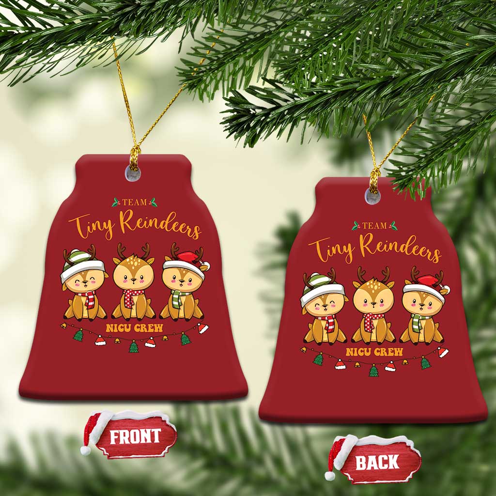 Set of two red bell-shaped Christmas ornaments with Tiny Reindeers and NICU Crew graphics