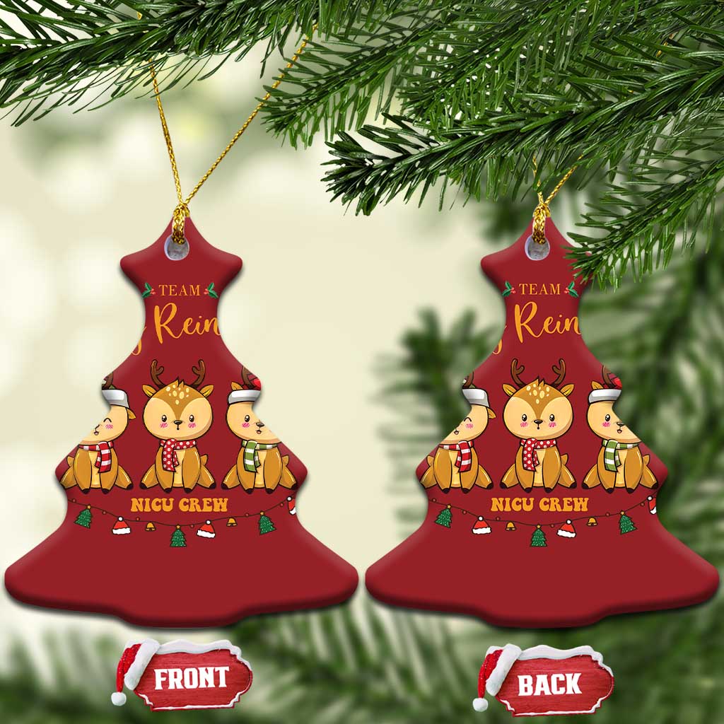 Two red bell-shaped Tiny Reindeers NICU Crew ornaments with gold hanging loops