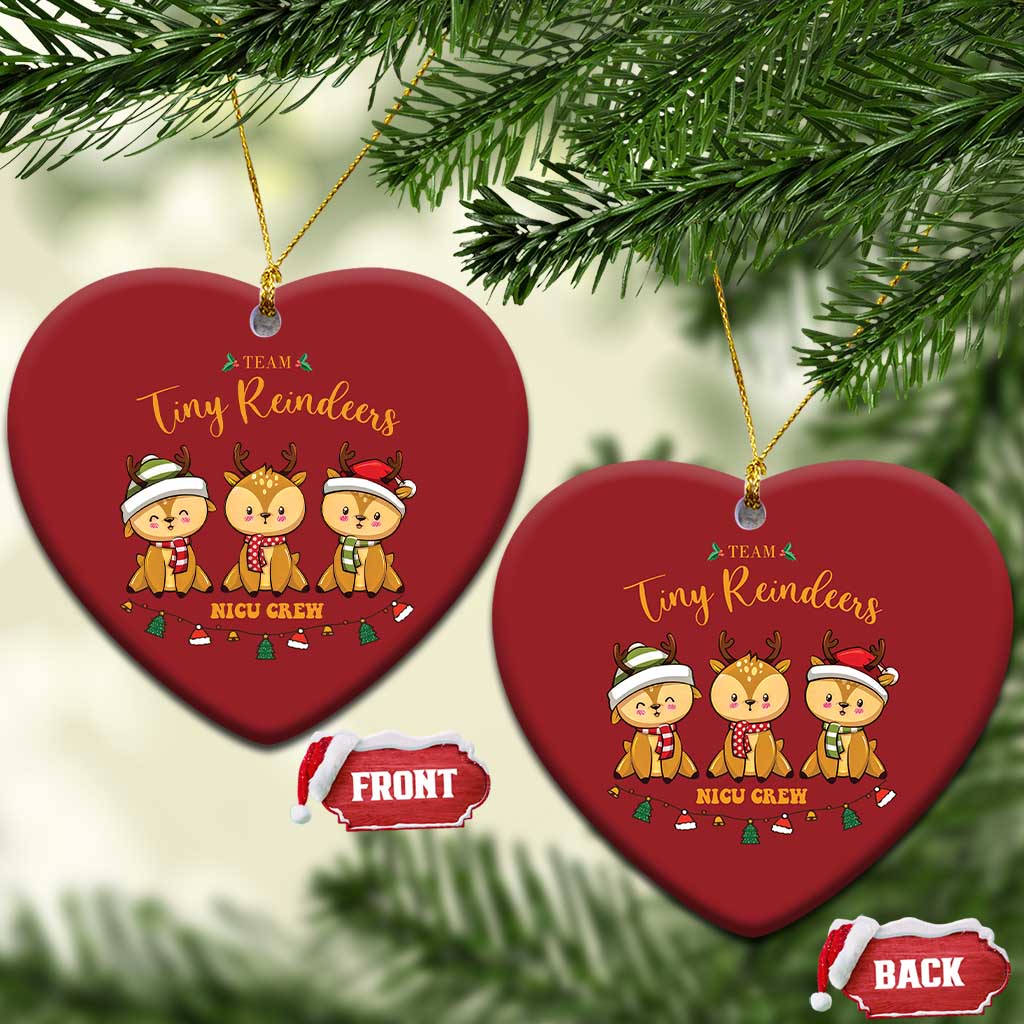 Set of two red heart-shaped Christmas ornaments with Tiny Reindeers and NICU Crew