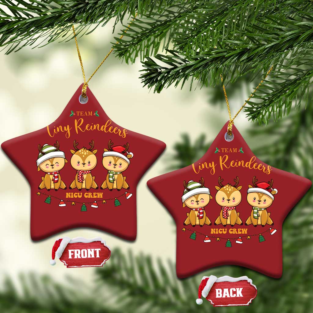 Set of two red star-shaped Christmas ornaments with Tiny Reindeers and NICU Crew