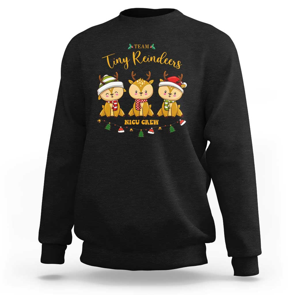 Black crewneck sweatshirt with Tiny Reindeers graphic and NICU CREW text.