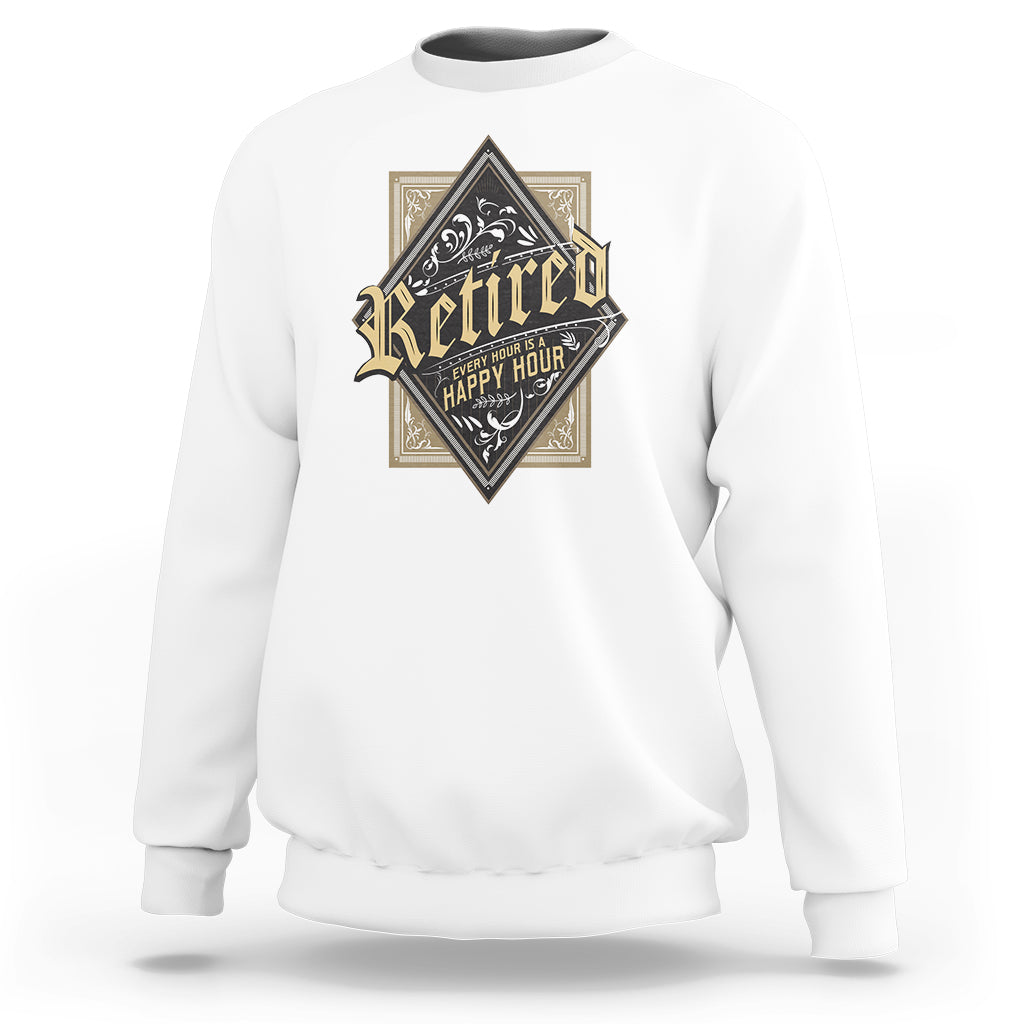 White retirement sweatshirt with diamond “Retired” graphic on the chest