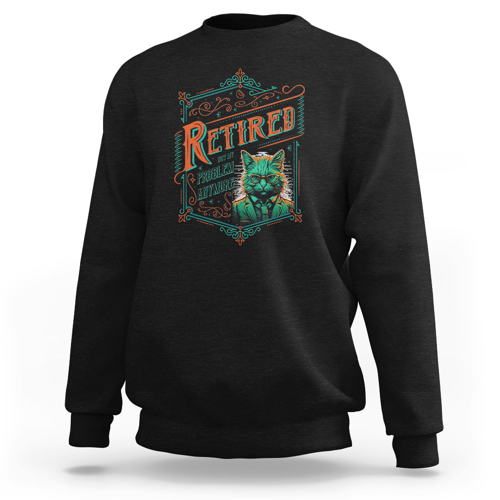 Black retirement sweatshirt with colorful "Retired" cat graphic on chest