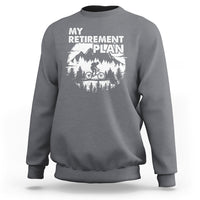 Charcoal crewneck sweatshirt with 'MY RETIREMENT PLAN' bicycle graphic, back view