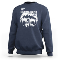 Navy crewneck sweatshirt with 'MY RETIREMENT PLAN' bicycle graphic, back view