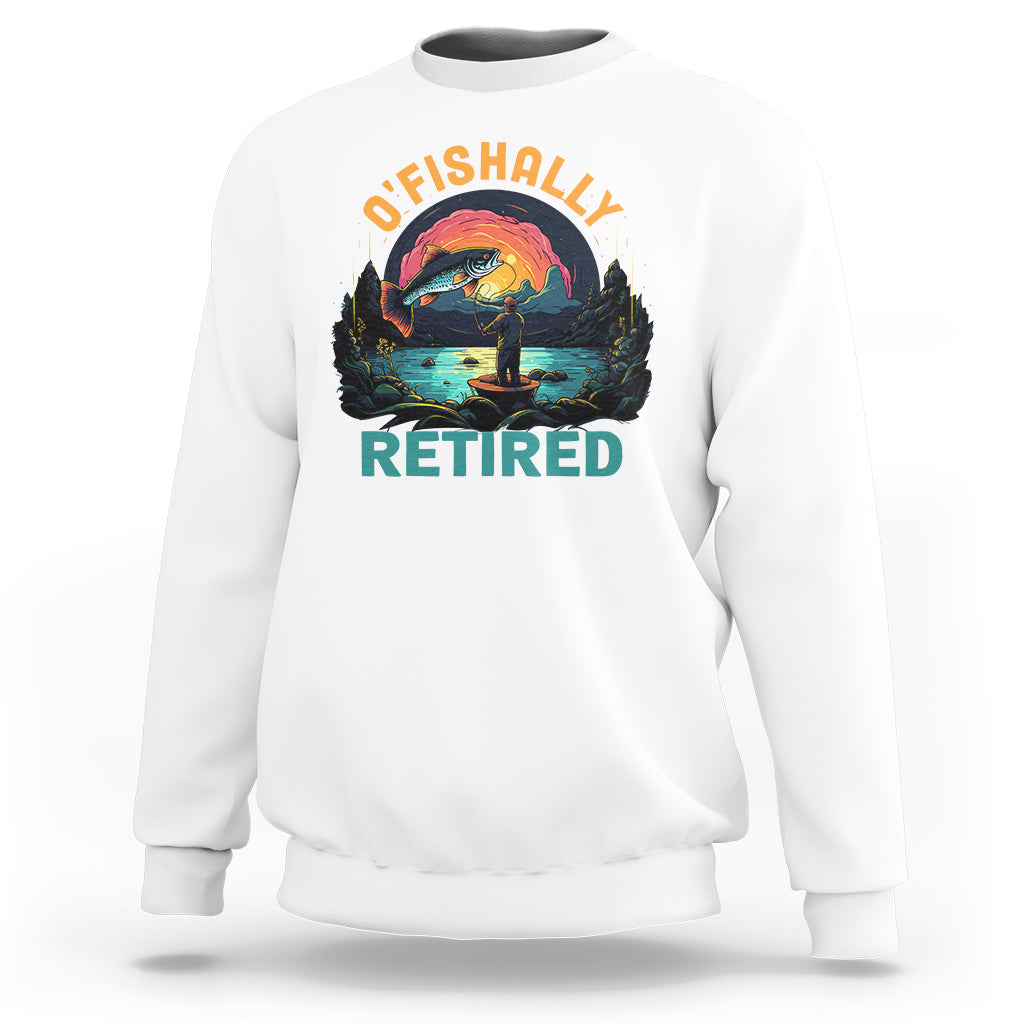 Men's retirement sweatshirt, white with fish graphic and 'RETIRED' text