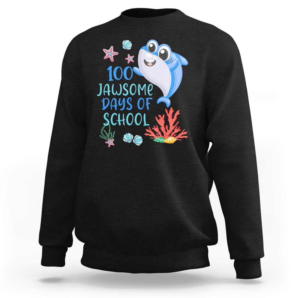 Black crewneck sweatshirt with blue shark graphic and '100 Jawsome Days of School' text