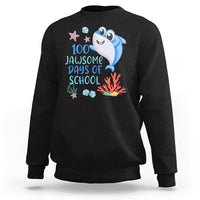Black crewneck sweatshirt with blue shark graphic and '100 Jawsome Days of School' text