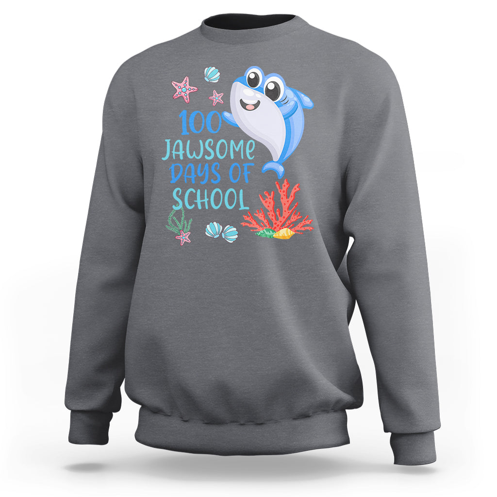Charcoal crewneck sweatshirt with blue shark graphic and '100 Jawsome Days of School' text