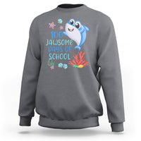 Charcoal crewneck sweatshirt with blue shark graphic and '100 Jawsome Days of School' text