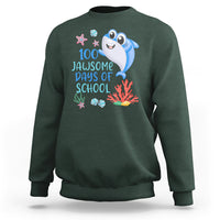 Dark forest green crewneck sweatshirt with blue shark graphic and '100 Jawsome Days of School' text