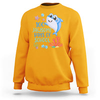 Gold crewneck sweatshirt with blue shark graphic and '100 Jawsome Days of School' text